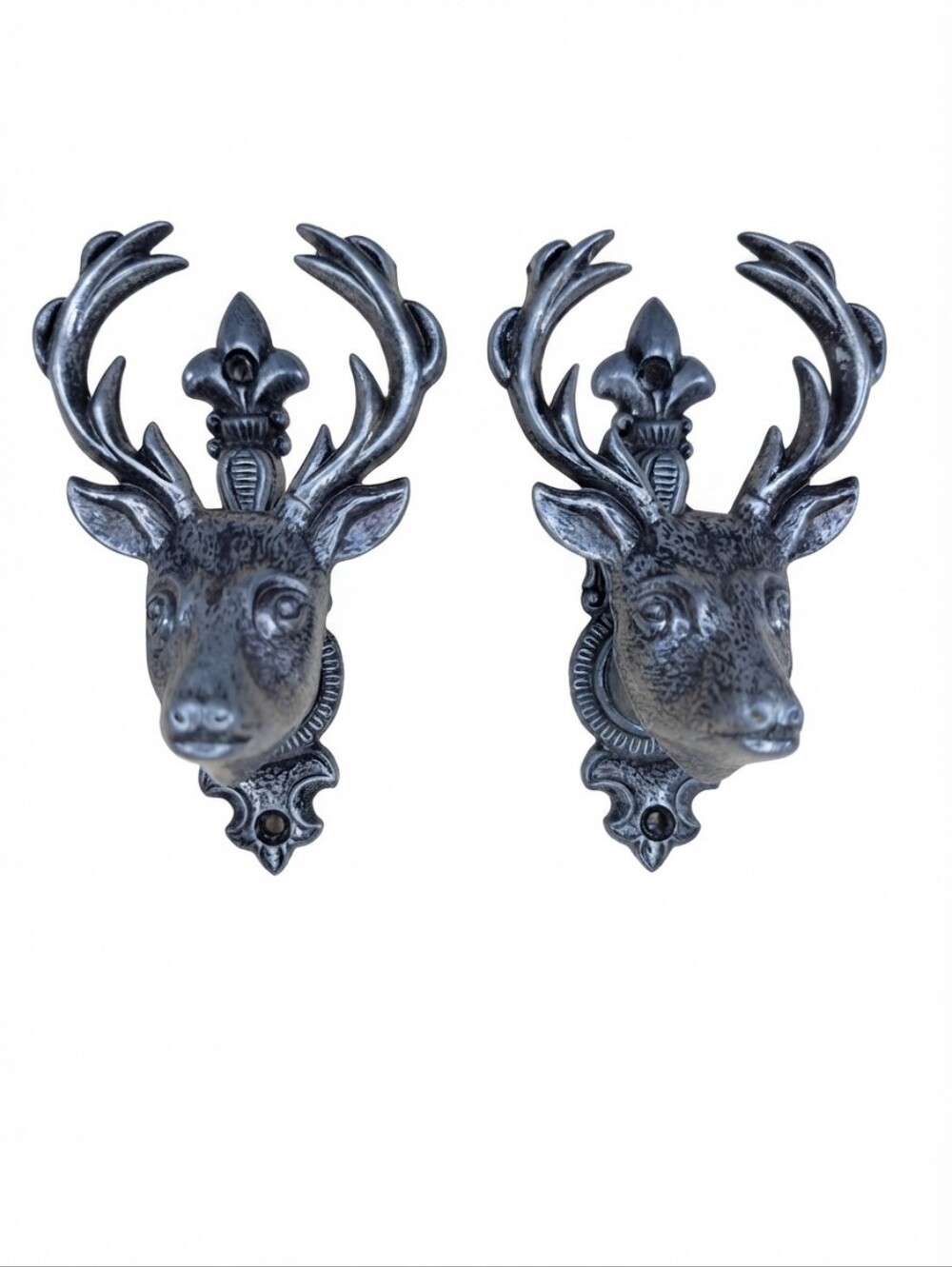 Metal Deer Head Stag Curtain Tiebacks Wall Hooks Pulls Pair Ornate Cottagecore